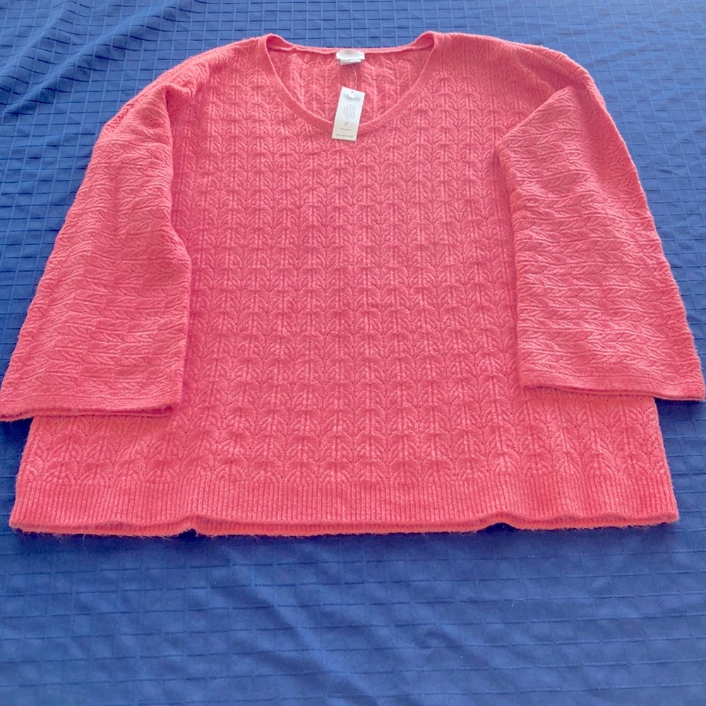 Chico’s Pullover Sweater Drama Cable VNeck Strawberry Blush Size 2